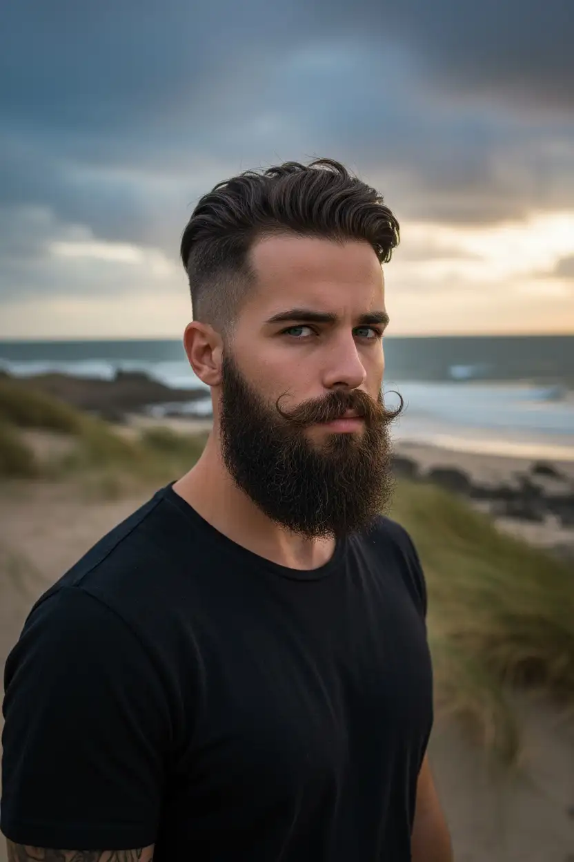 Cabello: Peinado con volumen, degradado a los lados.

Barba: Muy poblada, con bigote peinado hacia arriba.

Ropa: Camiseta básica oscura.

Estilo: Rústico masculino, con aire vikingo moderno.

Lugar: Exterior, ambiente natural (playa o zona con brisa).