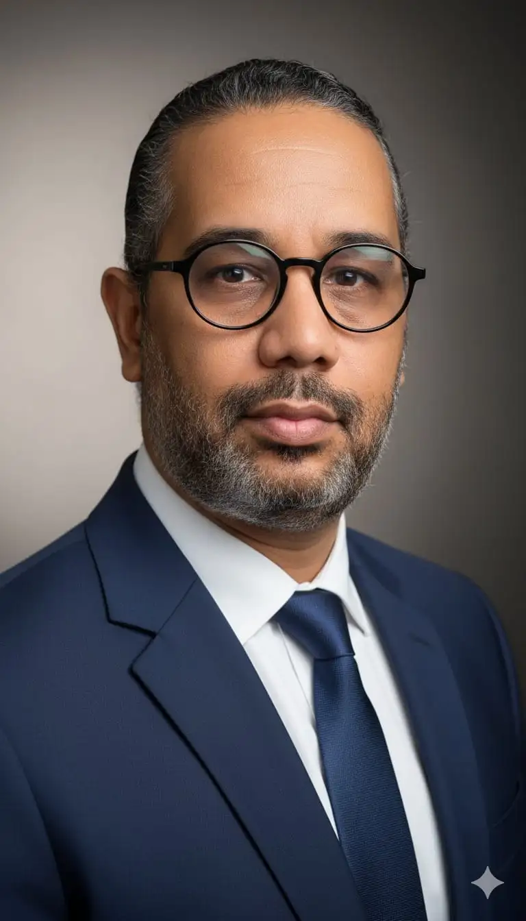 Retrato profesional ultrarrealista de un HOMBRE de 47 años con traje formal ajustado (azul marino o negro), camisa blanca impecable y corbata. Peinado impecable, rostro cuidado, tono de piel natural, mandíbula definida (manten el rostro al 100% sin cambiar nada Y USANDO LOS ANTEOJOS como la imagen ajustada). El fondo debe ser un estudio con un suave desenfoque y tonos neutros (gris, beige o degradado oscuro). La iluminación profesional suave resalta el rostro, dándole una imagen segura y corporativa. Alta resolución, calidad DSLR, estilo foto de perfil de LinkedIn.