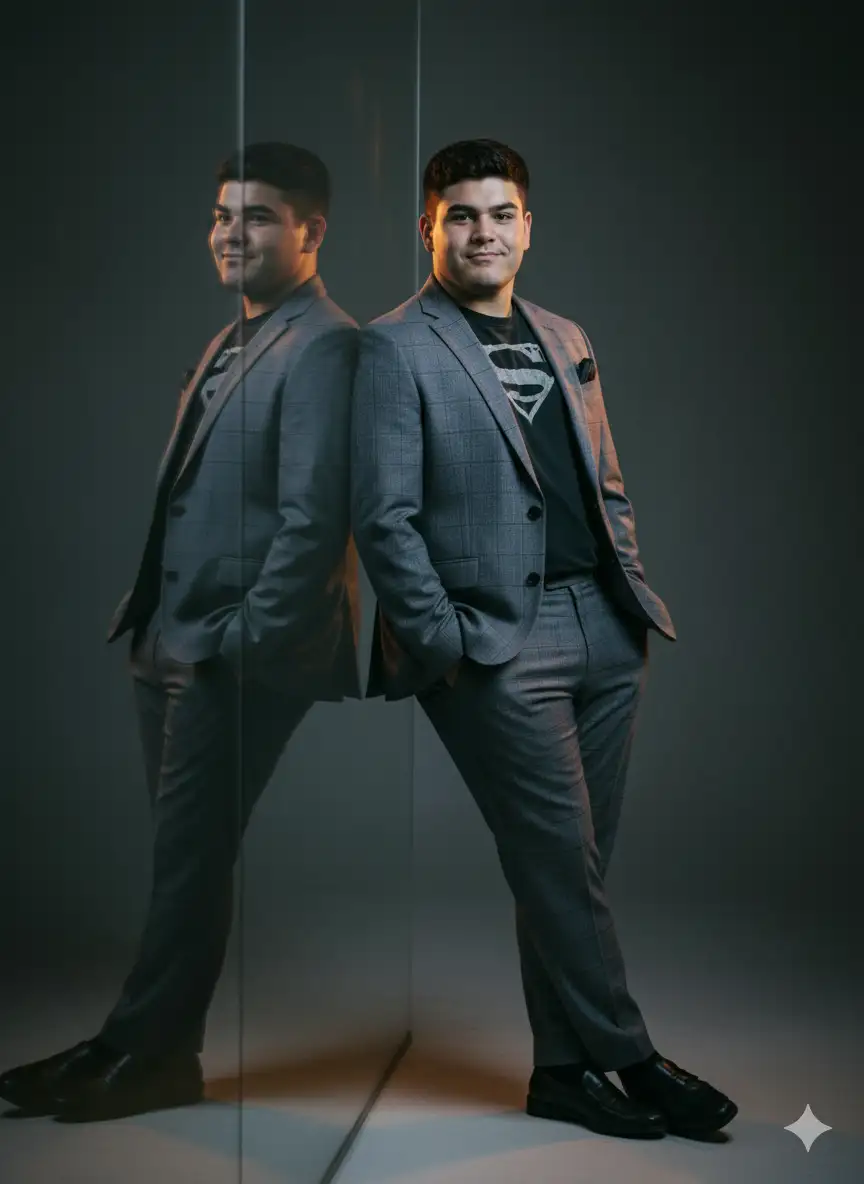 Stylized studio portrait of me leaning slightly on a large reflective glass panel. Outfit: tailored grey plaid suit, black loafers. Pose: hand in pocket, soft confident smirk. Reflection captures double perspective. Warm rim lighting adds fashion depth."
don't change the face use 100% face of upload picture.