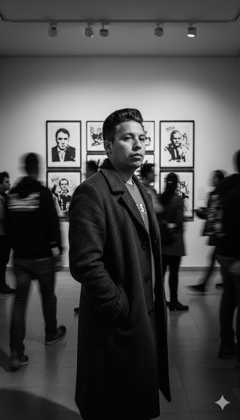 A high-contrast black and white photograph taken in a modern art gallery. The scene captures a candid, "stolen shot" moment of a young man like (my attached image) standing still in a moving crowd without changing his actual face. He is positioned slightly at an angle, not completely sideways with his face turned slightly, not completely facing the camera, but not completely sideways either. Framing from mid-thigh up (3/4 body shot) he is wearing a long dark coat with his hand in the pocket, standing out from the blurry crowd moving past him. The background wall is framed. Banksy's artwork is in a grid arrangement, slightly blurred for depth. The mood is moody, cinematic, and introspective.