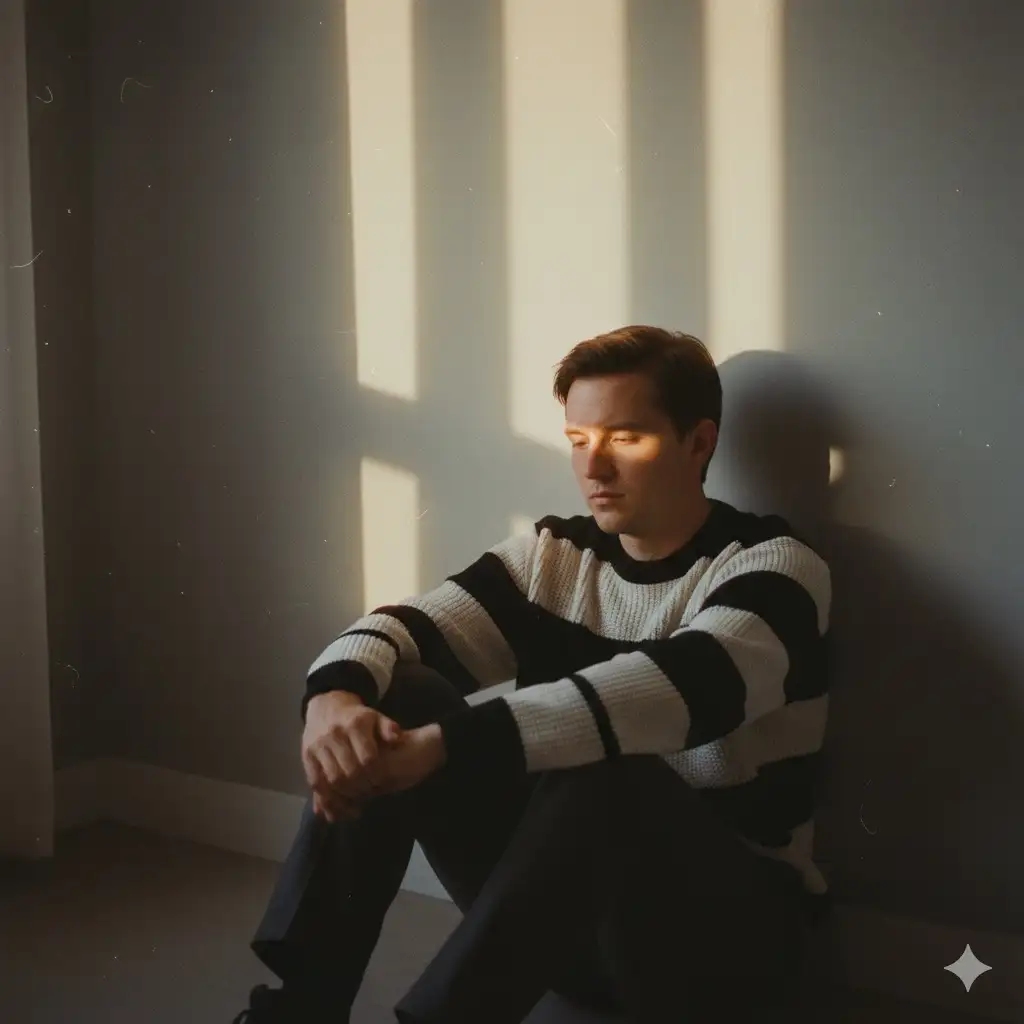 Moody indoor environmental portrait (knee-to-head, three-quarter) of Subject[person in the image] wearing a wide black-and-ivory horizontal striped knit crewneck sweater (only 2-3 large equal stripes) and dark trousers; shot vertically at 2:3 on a full-frame digital mirrorless with a 35 mm prime from a slightly high angle (~10-15° downward tilt); settings f/2.0, ISO 800, 1/500 s, white balance Shade ~7000 K with +5 magenta tint; Kodak Portra 400 emulation plus an 81A warming filter. Composition: subject seated on the floor in the lower-right third, back against a neutral gray wall, legs bent with knees drawn up, head gently bowed, hands near lap; background is a plain wall only, with a curtain barely visible as a thin overexposed sliver at the extreme upper-left edge; large negative space above and left; rule-of-thirds with a subtle vignette. Lighting: late-afternoon golden-hour natural light from three separate windows producing three distinct tall rectangular columns of warm light on the wall, slightly offset and unequal in intensity; the lowest beam forms a narrow bright band across the subject's forehead/eyes; high-contrast chiaroscuro with crisp edges and gentle halation, flowing left-to-right. Focus: plane on the subject's face/forehead with shallow depth so the wall softens gently. Texture: pronounced film-like grain with visible dust specks and faint scratches. Color palette: warm honey/amber highlights and creamy whites against a neutral charcoal wall with black sweater stripes. Post-process: warm split-toning (highlights +15 orange, shadows +5 sepia) with a soft fade in the deepest shadows. Mood: introspective, raw, minimal, warm.
Constraints: only wall and subject visible; lighting must read as three discrete rectangular window highlights; curtain barely visible; legs remain bent; no clutter or furniture; no bright saturated colors;
no HOR; no extreme sharpening; no bokeh balls.