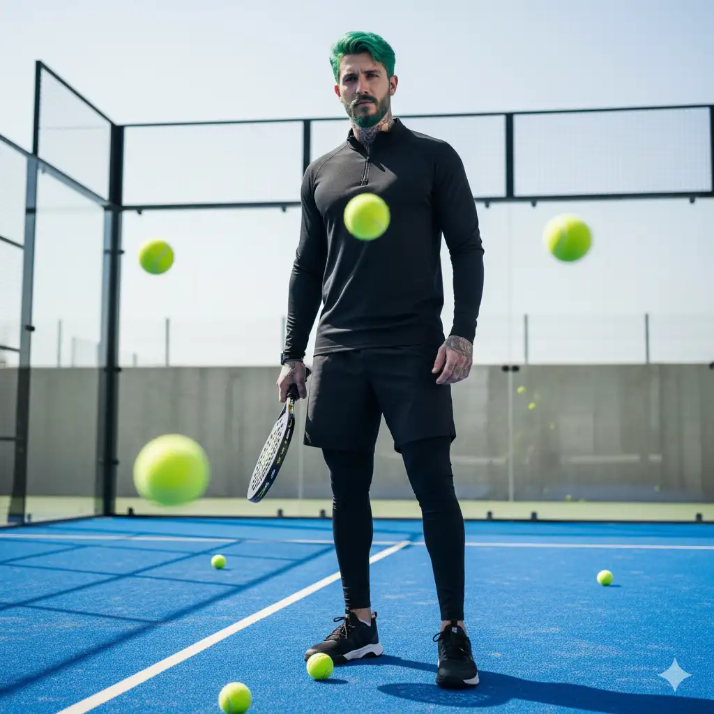 A low-angle full body shot, ultra-realistic cinematic photo on a blue padel court. A fit person (use the uploaded picture as reference for the face) is looking at the camera, in modern black sportswear stands confidently holding a padel racket. Yellow tennis balls float in the air and lie on the court surface in motion around the person. Bright natural daylight, soft shadows, shallow depth of field. Clean glass court walls, no background distractions. Captured as a high-end sports fashion campaign still frame.