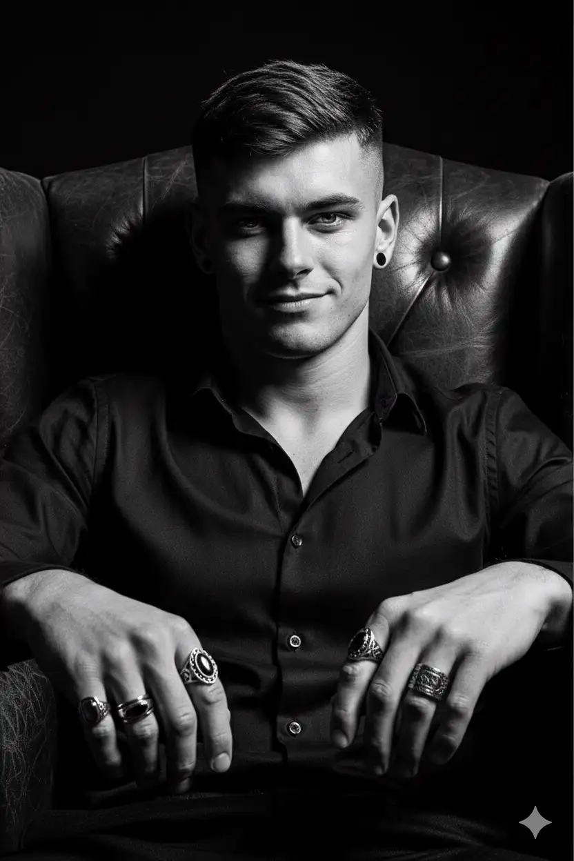 A timeless black and white close-up portrait—sharp, high-contrast shadows carve out every detail of the face. The subject sits back in a high-backed leather chair, rings on each finger, staring directly into the lens with a quiet smirk. The background fades into darkness.
Style: Close-up, black and white, 50mm lens, 8K resolution, DSLR, ultra-sharp detail on skin texture and metallic jewelry.
Mood: Moody, commanding, vintage luxury.
