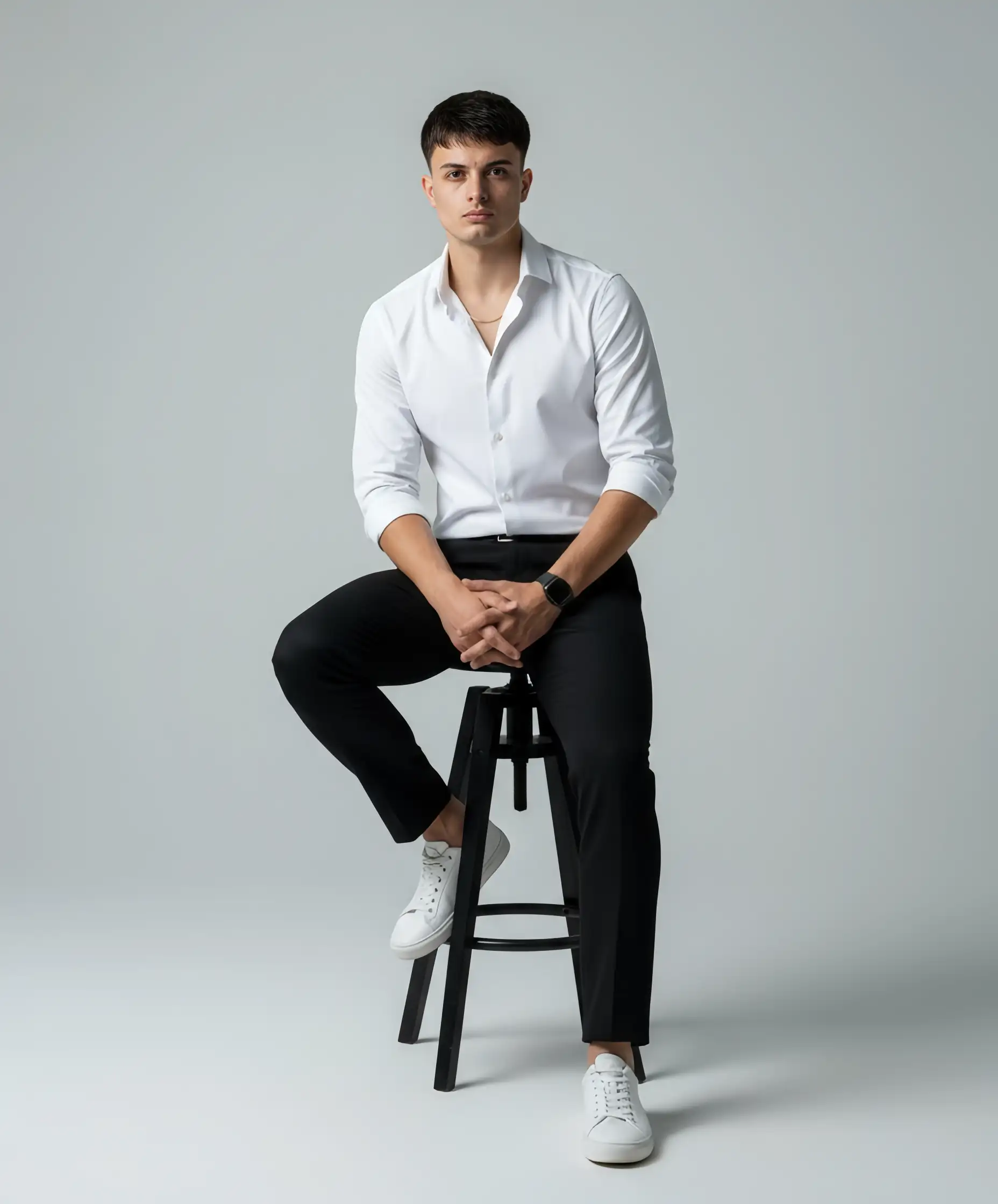 Comprendido. Para hacer el prompt "intercambiable" con una imagen adjunta, la parte más importante es que la descripción del rostro en el prompt sea lo más genérica posible o se elimine por completo, para que la herramienta de edición de imágenes pueda priorizar la imagen facial que adjuntes.
Aquí te dejo el prompt modificado, con la parte del rostro adaptada para indicar que se debe usar una imagen de referencia facial:
Full body studio portrait of a young man, 20s. **The face should be replaced with the attached reference image.** He has dark short hair, neatly styled. He is looking directly at the viewer with a neutral, confident expression. He wears a crisp white long-sleeved shirt, sleeves casually rolled up to the forearms, tucked into slim-fit black trousers. A thin gold chain necklace is visible. On his left forearm (right side of the image), a dark digital watch and a detailed serpent tattoo are visible. He is wearing clean white casual sneakers. The man is seated on a tall, black metal stool, with one leg bent and resting higher on the stool's rung, and his hands clasped together resting on his knee. The posture is relaxed yet stylish. The background is a solid, clean, light grey. Soft, even studio lighting from the front-left, with gentle fill light to minimize harsh shadows. Professional studio portrait photography, sharp focus on the subject, subtle shallow depth of field. Natural skin tones, sophisticated and modern aesthetic.