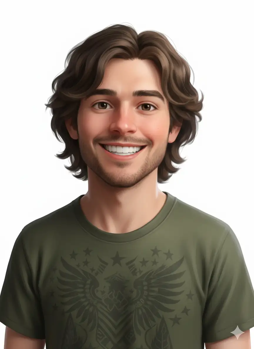 Generates a 3D avatar of the young man in the uploaded image, with a bright smile. Uses a clean white background. Conceptual digital art style, Pixar-style high-quality rendering with soft lighting, smooth textures, and vibrant colors. Body and facial proportions are realistic, but with a cartoonish feel. Studio rendering.