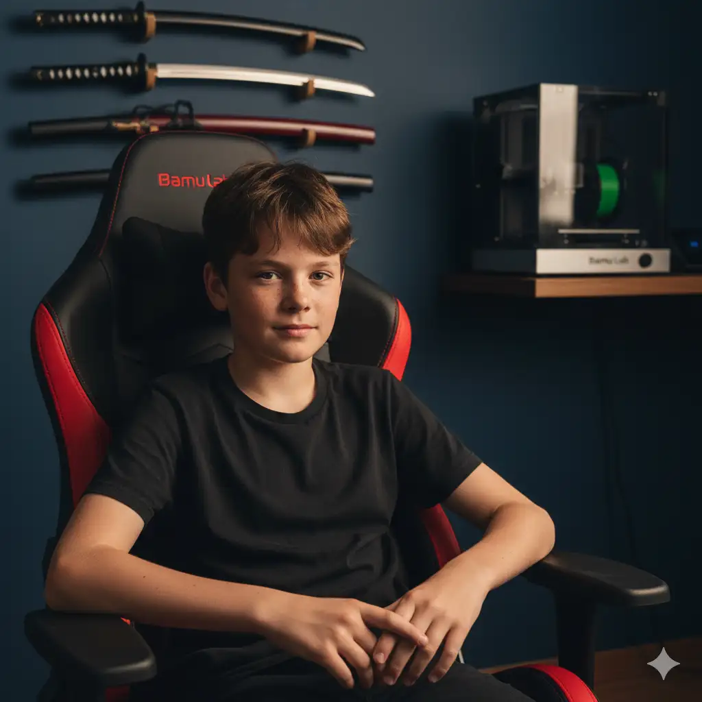 A highly realistic image of a young boy sitting naturally on a premium gaming chair. His face and hair look detailed and lifelike, wearing a plain black t-shirt. His hands are clearly visible in a natural pose. In the background, there are decorative anime-style katanas displayed on the wall and a modern bamboo lab 3D printer placed beside them. The background has soft cinematic lighting with a slightly dramatic atmosphere. The overall image should be ultra high-quality, realistic, and sharp.