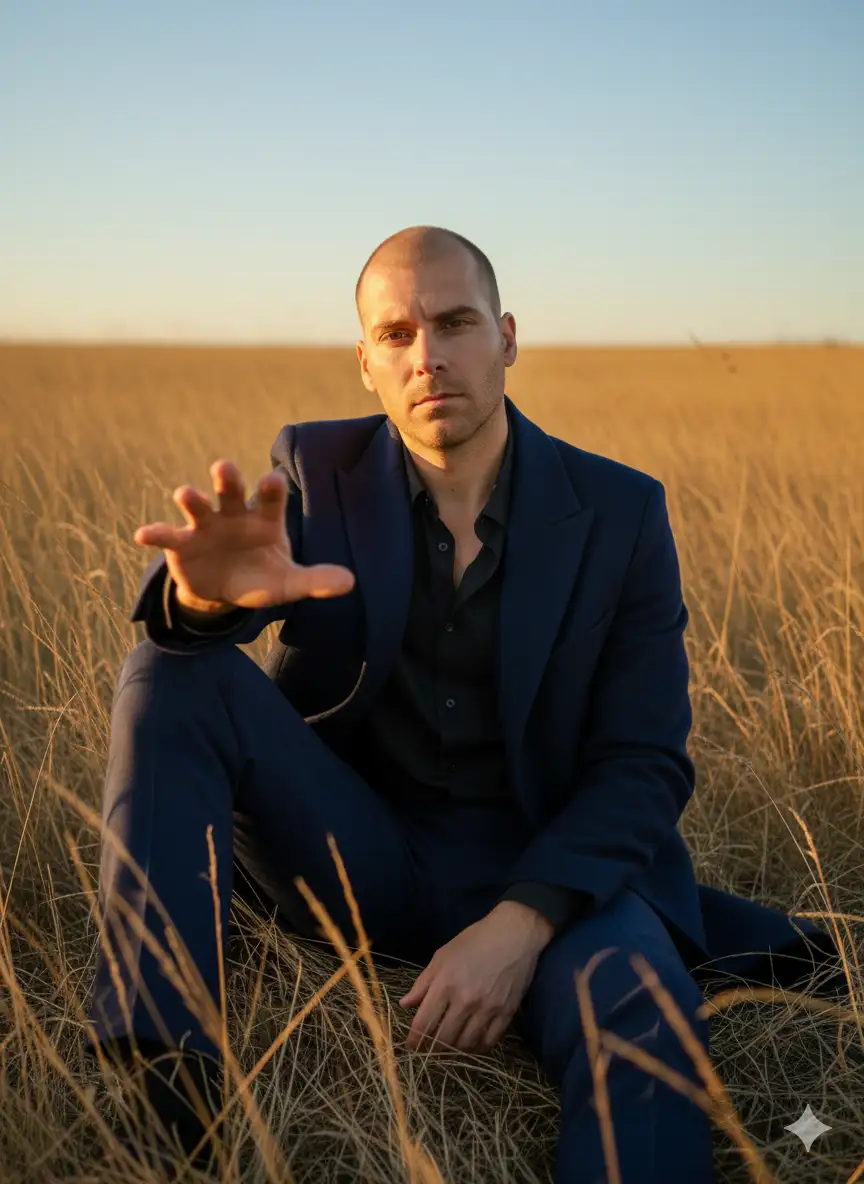 Retrato cinematográfico ultra-realista vertical (9:16), resolución fotorrealista 8K, texturas hiperdetalladas, enfoque extremadamente agudo, iluminación cinematográfica dramática de la hora dorada, clasificación de color melancólica y natural. El sujeto masculino de la primera imagen se utiliza como personaje principal. Está sentado a nivel del ángulo del ojo.
El sujeto es un joven guapo, de ×185 cm de altura. Tiene una expresión calmada e introspectiva. Lleva puesto el traje: un abrigo largo y afilado azul marino, una simple camisa negra abotonada (desabrochada en la parte superior) y pantalones azul marino a medida.
Está sentado con gracia en medio de un vasto campo de hierba dorada alta y seca, que está bellamente iluminada por el sol poniente. El fondo consiste en un cielo claro y azul pálido en la parte superior, que pasa a un horizonte cálido y amarillento.
La luz es suave, la luz del sol dorada golpea el sujeto desde arriba, creando un hermoso resplandor en su rostro y hombros, y proyectando largas y sutiles sombras. La atmósfera es tranquila, contemplativa y cinematográfica, como una foto de una película independiente.
Grabado en un Sony Alpha 7 IV con una lente Sony FE 50mm f/1.2 GM, ISO 160, f/2.0, 1/400s, fotografía de luz natural, retrato emocional.
Está sentado con una pierna doblada un poco más arriba, su mano derecha mira a la derecha alcanzando la cámara, dando una mirada fría y compuesta directamente en la cámara. (Hacer que el sujeto se acerque a la cámara como casi llegando a la cámara). Físicamente es delgado, no cambies su rostro, manten sus rasgos y expresiones