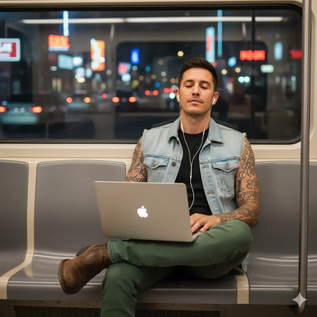 A photo-realistic shot of the uploaded person in a green jeans pants, black top and light jacket, seated in the metro. This person holds a MacBook Air on their lap and has earbuds in, listening to music. The city lights flicker through the window behind the person, and their expression is calm, as if drifting between sleep and thought. Camera is zoomed out far enough that we can see their entire body, including their shoes.