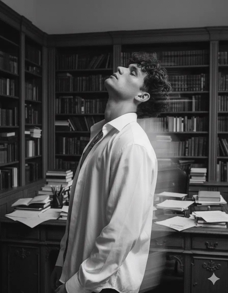 Convert this image into a Fine black and white
photography of a handsome young man (using uploaded image) with dark, his head tilted back in a moment of intense creative thought or ecstasy. He is wearing a loose white collared shirt, standing in a dimly lit study filled with stacks of books and papers. The image is captured with a slow shutter speed, creating dramatic horizontal motion blur that streaks the background and the edges of his form, and super realistic.