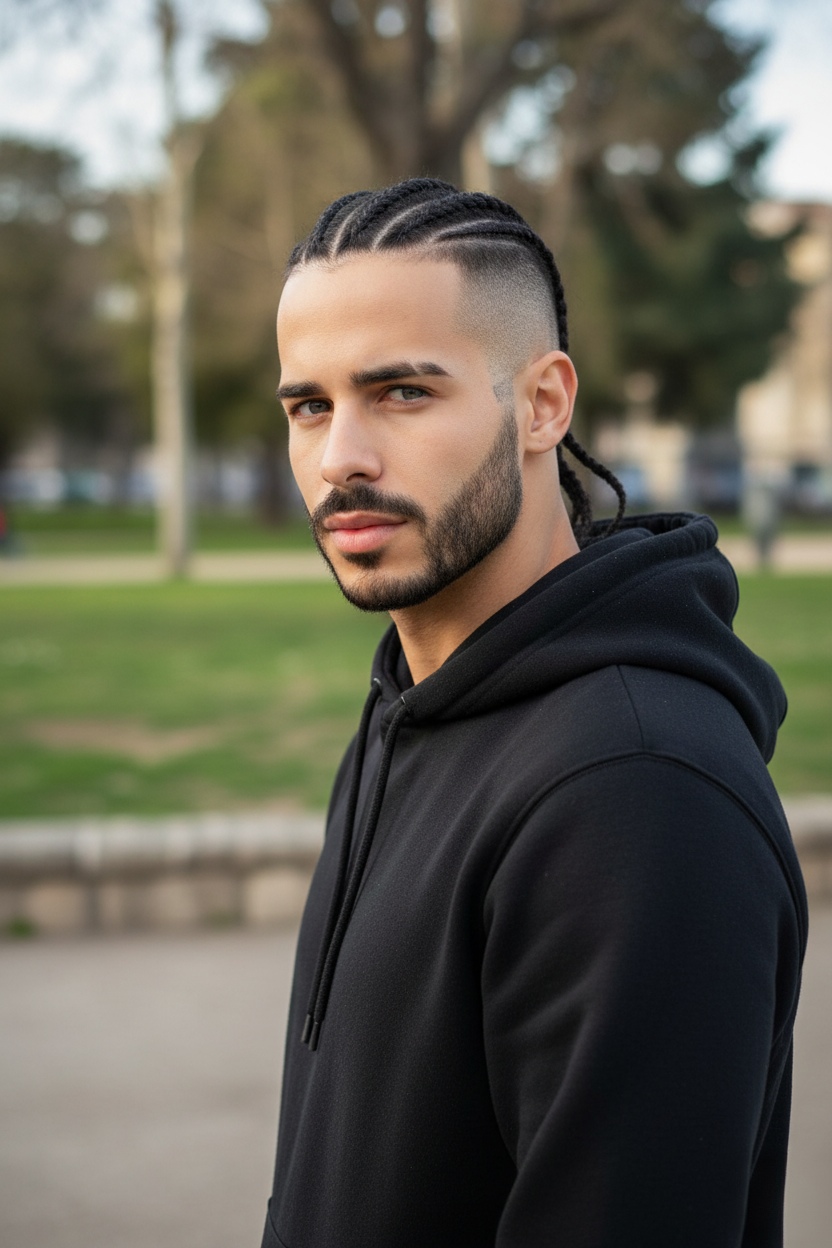 Cabello: Trenzas estilo cornrows con rapado a los lados.
Ropa: No se aprecia completa, pero lleva sudadera negra.
Estilo: Urbano alternativo, influencias street y vikingas modernas.
Lugar: Exterior, parece un parque o zona verde.