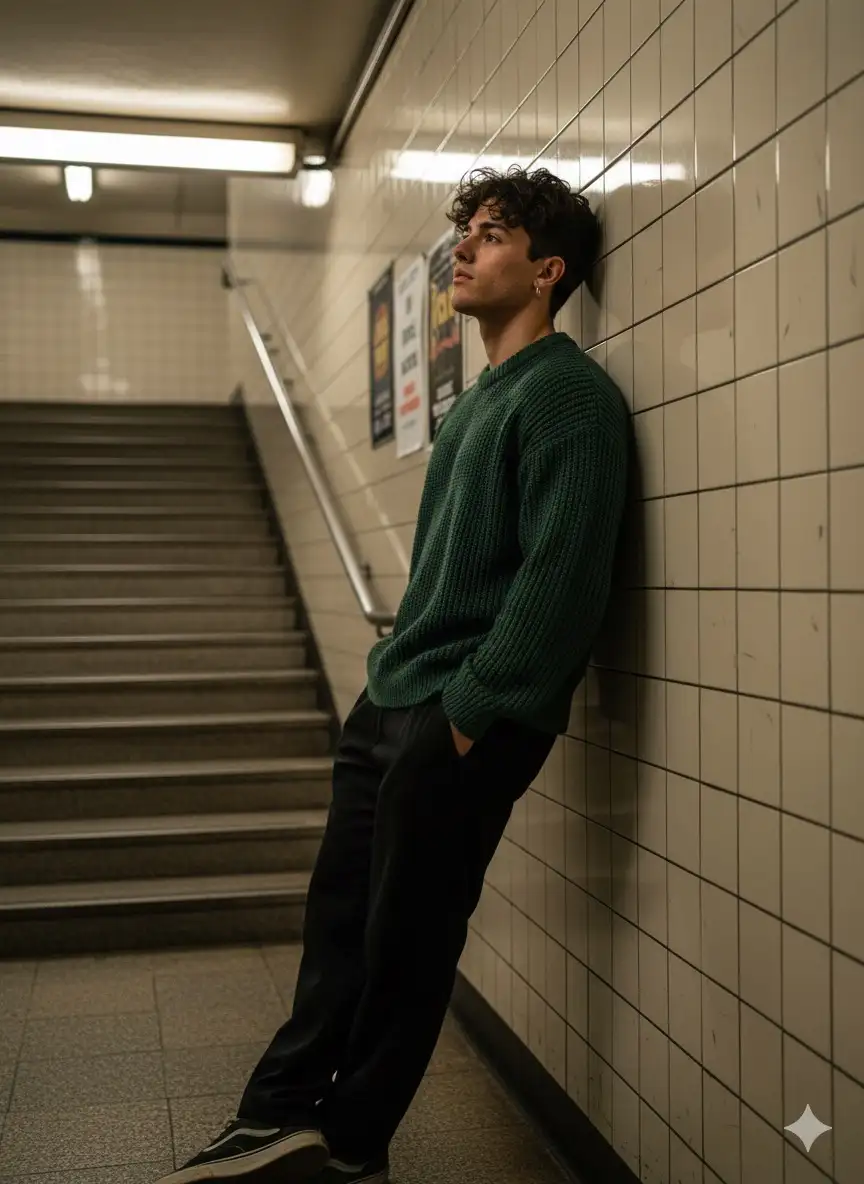 Realistic wide shot photography, the camera angle is slightly sideways from left-to-right (angle 3/4 side view), capturing a young man standing leaning against the side wall of the underground stairs/station, framing the full body to a little upper space (the camera is a bit away). Subject: a young man like the photo I uploaded don't change his face with short curls, wearing a dark green knitted sweater, loose black pants, one hand in his pants pocket, body leaning casually against the wall, dreamy and calm expression staring at the top-center, natural and editorial pose.

Background: underpass / underground station interior with wall tiles, stairs to the top on the left side, small posters attached to the wall, everyday urban-looking environment. Main lighting: ceiling fluorescent lights produce warm-beime colors and soft shadows; there is also a slight soft fill light from the direction of the upper stairs to maintain facial details. The overall color is slightly faded with a cinematic film tone (muted greens & warm highlights), fine grain for a modern analog feel.

Texture & details: sweater knitted fiber details, wall tile texture, metal reflection of the handrail, fine skin pores on the face, slightly messy curly hair, pants fabric folds. Composition: rule-of-thirds, the subject is placed in the bottom right third with a ladder line leading the eye towards the top of the frame. Depth of field medium (slightly blurry/boke background but still readable), medium contrast, mellow / introspective mood.

Camera technique: photographed as if using Sony A7R V, 35mm f/1.4 lens, aperture f/2.8, shutter 1/125s, ISO 400, warm white balance slightly to yellow, ultra-high resolution, photorealistic, editorial magazine style.

--Ar 9:16 --v 6 --style raw --q 2 --s 1000 --hd