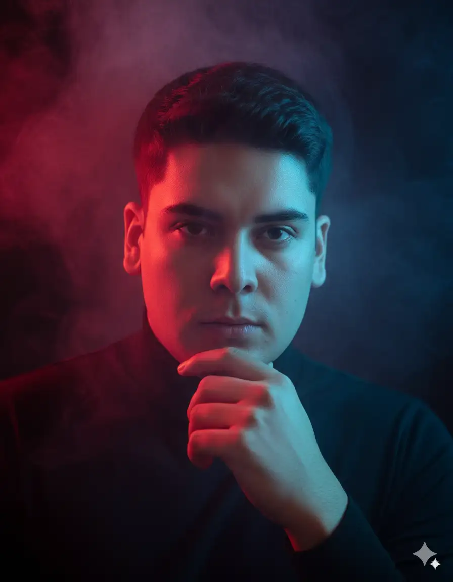 Retrato cinematográfico ultrarrealista de la foto adjunta, composición en primer plano. Iluminación roja dramática y azul que crea un alto contraste en el rostro y las manos. Ambiente templado con humo suave o niebla de fondo. Vestía un traje negro de cuello alto. expresión intensa con la mano cerca de la barbilla. Iluminación de calidad con detalles de gel. Resolución 4K, estilo editorial de moda, poca profundidad de campo, escenario discreto para el público, brillo simétrico, calidad de portada de revista. --ar 9:16 --raw --oref