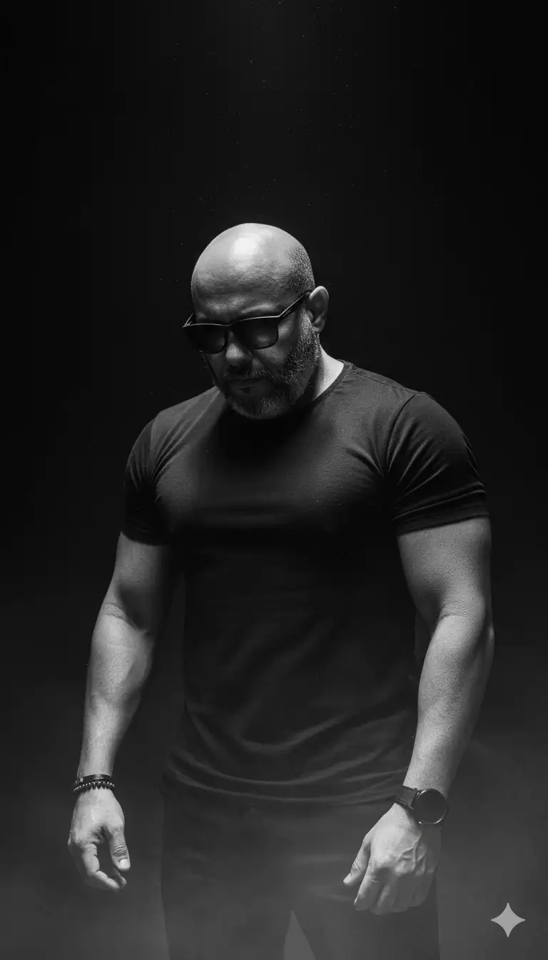 Make A high-contrast black and white cinematic portrait of a muscular man standing under a dramatic spotlight in a dark studio. The man is wearing a fitted black t-shirt, looking down with a serious expression. Add sleek, modern black sunglasses with a matte finish and reflective lenses. He is wearing a stylish black leather watch and minimal tactical accessories like a small bracelet. Emphasize his strong, athletic build with well-defined arms, chest, and forearms. Enhance the scene with subtle floating dust particles in the beam of light and a soft fog near the floor to create a mysterious, cinematic atmosphere. The background is minimal and completely dark, with a single soft spotlight shining down from above, highlighting his silhouette with dramatic shadows and lighting contrast.