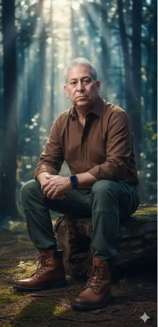 Usando la imagen subida, con una imagen 100% exacta del rostro, sin modificar mis rasgos faciales, crea un retrato realista de un hombre elegante (basado en la imagen subida) sentado en el tronco de un árbol al aire libre, con camisa marrón, pantalones cargo, un reloj inteligente Apple Watch y botas cafés. El fondo es de ensueño con un suave efecto bokeh, tonos azulados y rayos de sol que se filtran entre los árboles. La foto debe verse realista, HD, cinematográfica y nítida, con un tono de piel natural y colores vibrantes. Lente de 85 mm, imagen ultra realista 4K HD.
Model
