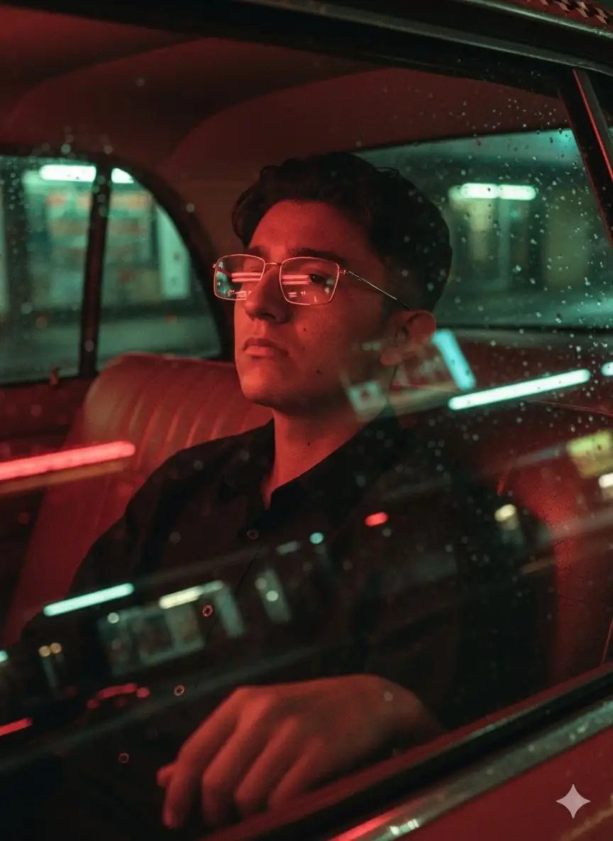 Using this image as reference: generate a hyperrealistic editorial portrait of the same person, preserving facial structure, skin tone, hair texture, and emotional expression with maximum fidelity. Do not remove natural imperfections—freckles, scars, pores, asymmetries, or wrinkles must be preserved to honor the subject’s authenticity and individuality.
The subject is seated inside an old taxi with faded leather seats. His head rests gently against the seat, one hand placed on the edge of the glass. The portrait is shot from outside the vehicle, capturing overlapping reflections across the face and window surface. The jawline and neck are subtly emphasized to create a statuesque, cinematic silhouette.
Red and green neon lights from the city pass by, refracting through the wet glass and casting shifting colors across the subject’s face. He wears a black button shirt. The lighting is soft but dramatic, with deep shadows and glowing highlights that sculpt the face and evoke a sense of urban solitude.
The image tone is rich in red-green contrast, with thick film grain, pronounced motion blur from passing lights, and a hazy glow around the vehicle’s headlights. The composition is vertical (3:4 aspect ratio), close-up or three-quarter framing, with the subject centered or slightly offset. The mood should evoke loneliness, introspection, and the quiet ache of city life—like a cinematic still from a Wong Kar-wai film.
Camera settings:
- Lens: 50mm f/1.4 (for emotional intimacy and cinematic compression)
- ISO: 800
- Aperture: f/1.4
- Shutter speed: 1/60s
- Format: vertical (3:4 aspect ratio)
- Lighting: ambient neon (~3200K red + ~5200K green), refracted through wet glass
- Color grading: red-green contrast, soft glow, heavy grain
- Mood: melancholic, cinematic, emotionally suspended
- Atmosphere: urban night, poetic solitude, editorial realism
--v 5 --ar 3:4 --style raw --quality 2 --ref_photo