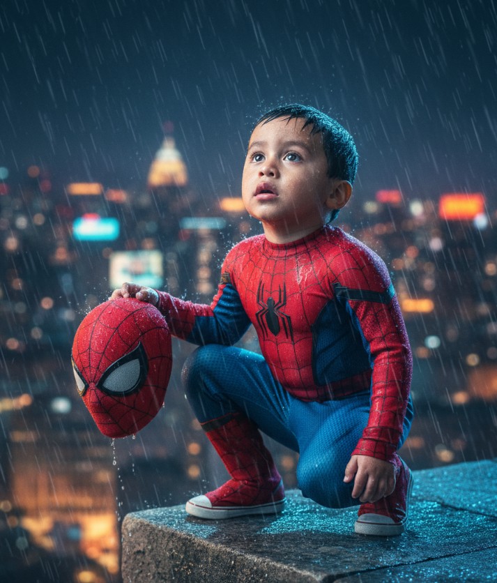 Escena hiperrealista inspirada en una fotografía base de un niño pequeño vestido de Spider-Man, agachado heroicamente en el borde de un edificio con el horizonte de la ciudad iluminado por la noche. El rostro original del niño de la foto base debe conservarse exactamente como es, sin ninguna modificación ni alteración, garantizando una fidelidad total a sus rasgos y expresión naturales. El sostiene la máscara de Spider-Man en una mano, un detalle que realza la narrativa y amplifica la sensación de realismo del niño. La composición está marcada como un primer plano general con un ángulo ligeramente bajo, que transmite escala y asombro, mostrando al niño mirando hacia arriba mientras la lluvia cae dramáticamente. Configuración fotográfica profesional: lente de 50 mm para una perspectiva natural con poca profundidad de campo af/2.0, separando suavemente al sujeto del fondo de la ciudad iluminada por neón, manteniendo al niño con un enfoque ultranítido. La iluminación, diseñada con una luz fría (5600K) desde la parte frontal, resalta las gotas de lluvia, la textura del traje y el brillo de la máscara, equilibrándola con los cálidos reflejos de las luces de la ciudad, creando un contraste dinámico. Las texturas se representan con gran detalle: la tela húmeda del traje de Spider-Man, las gotas de lluvia sobre la piel y el cabello, la superficie rugosa de la cornisa, la máscara en su mano y el vibrante efecto bokeh de neón en la distancia. La paleta de colores enfatiza los azules.