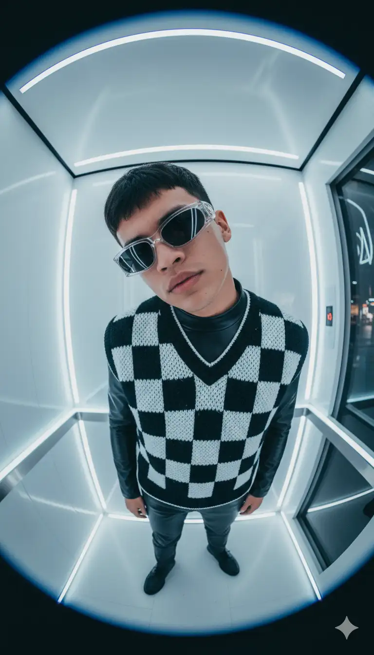 A surreal high -fashion editorial fisheye portrait model short with a slightly curved wide-angle lens.He poses in a futuristic elevator -like minimal space,leaning forward toward the camera with exaggerated perspective.His outfit is layered street-luxury fashion: black leather inner shirt with a bold checkered knit vest.He wears striking avant-garde translucent fashion sunglasses (like in the second reference), with sharp angular lines wrapping across his eyes,