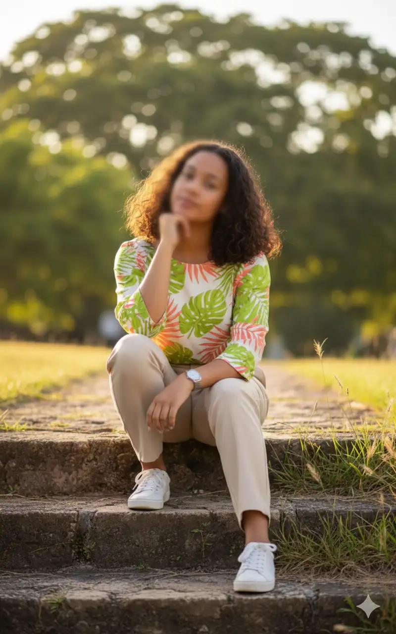 Una JOVEN muy atractiva, sentada en unas escaleras de piedra al aire libre, viste una blusa rectangular con estampados de hojas tropicales VERDE LIMA Y CORAL, PANTALONES BEIGE Y ZAPATILLAS BLANCAS. Ambas manos son visibles, una de ellas descansa sobre la barbilla, pensativa. Reloj de pulsera solo en la mano izquierda, postura relajada, hierba alta cerca, cálida iluminación dorada, exuberante fondo verde bokeh, colores vibrantes, rostro brillante y rosa suave, con gran detalle, fotorealismo DSLR.