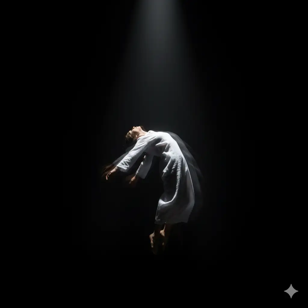 A surreal, dramatic scene of a person floating mid-air in complete darkness, illuminated by a single spotlight from above. The person is dressed in loose, all-white clothing, with their body leaning backward as if levitating. Motion blur trails behind them, emphasizing the floating effect. The background is entirely black, creating a mysterious and cinematic atmosphere.