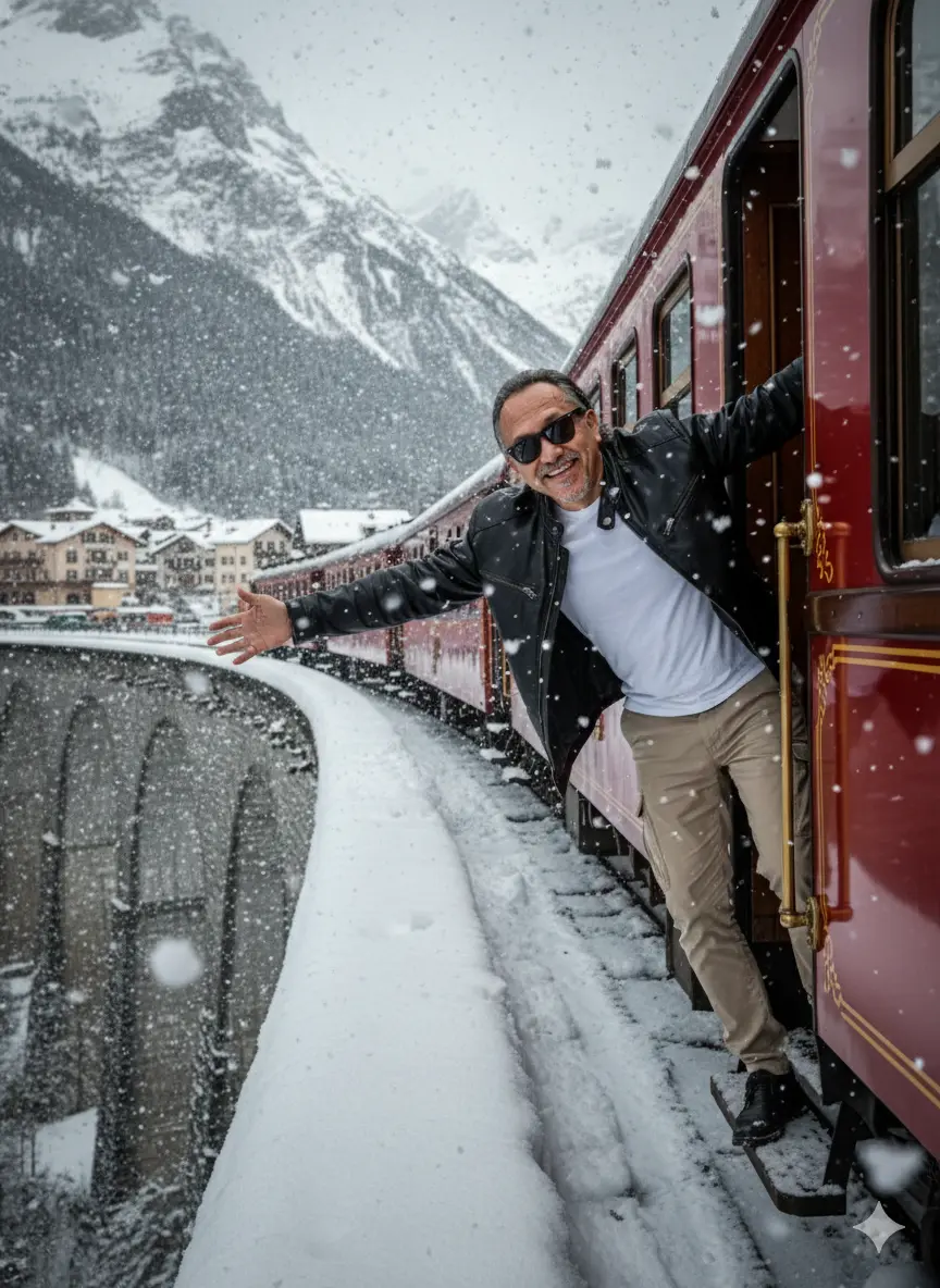 Cinematic photo: stylish man in sunglasses, black jacket, white t-shirt, beige cargo pants, leaning out of a vintage red and gold train door, smiling with outstretched arms. Train on a snowy viaduct, heavy snowfall, snowy mountains, European village. Dramatic lighting, magical winter adventure. 8K, high detail.100% face match
