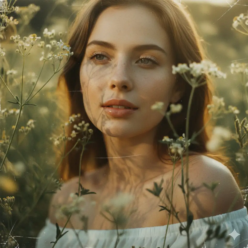 Create a portrait image of my face. Compositional portrait, dreamy floral gaze, golden hour, cinematic close-up of me, filtered sunlight through wild flowers castling intricate shadows on skin, soft film grain, muted green pallete, 85 mm lenses f/1.4, sharp skin texture, subtle freckles, glossy lips, delicate broken, zero over processing-ar 3:6 -v 6-style no text watermark distortion wearing a white off shoulder.