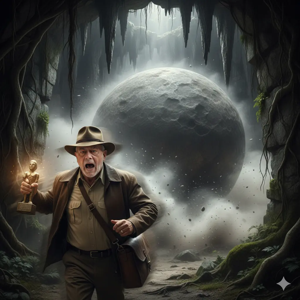 Crea una imagen cinematográfica e hiperrealista, en formato 9:16, vertical de una escena icónica de acción y aventura, probablemente de una película. Muestra a un hombre en primer plano (imagen 1), visible de la cintura para arriba, corriendo desesperadamente hacia el espectador. Detrás de él, una enorme roca esférica lo persigue, llenando gran parte del encuadre y creando una sensación de inminente peligro.
​Detalles del Hombre:
​Vestimenta: Lleva un sombrero fedora de color marrón claro, característico de un explorador o aventurero. Debajo, viste una camisa de manga larga de tono claro (posiblemente beige) y encima una chaqueta de color más oscuro (quizás marrón). Se puede apreciar una correa de cuero cruzándole el pecho, sugiriendo una bolsa o equipo colgado al costado.
​Expresión y Acción: Su rostro está girado ligeramente hacia su derecha (nuestra izquierda), pero su cuerpo está orientado hacia el frente, dando la impresión de que acaba de mirar hacia atrás y ahora se precipita hacia adelante. Su boca está abierta en un grito de asombro o esfuerzo, y sus ojos están bien abiertos, transmitiendo terror y urgencia. Su brazo derecho está levantado y doblado, con la mano cerca de su pecho, y parece sostener un objeto pequeño y brillante que parece ser un antiguo ídolo de piedra. Hay un efecto de desenfoque de movimiento en su cuerpo, especialmente en sus brazos y torso, que refuerza la idea de velocidad y movimiento rápido.
​Contexto del Personaje: Por su atuendo y la situación, el hombre es fácilmente reconocible como un arquetipo de héroe de acción, muy similar a Indiana Jones.
​Detalles de la Roca Esférica:
​Tamaño y Posición: La roca es masiva, ocupando el lado derecho y central-trasero de la imagen. Parece estar rodando rápidamente.
​Textura y Color: Es de color gris claro, con una superficie que parece lisa pero tiene algunas irregularidades, consistentes con una roca natural. En la parte superior y detrás de ella, se observa una nube de polvo o vapor blanco, lo que indica su movimiento a gran velocidad y el impacto que está generando al rodar.
​Amenaza: La cercanía de la roca al hombre y su gran tamaño enfatizan el peligro mortal que representa.
​El Entorno (La Cueva o Templo):
​Techo y Paredes: El fondo sugiere un espacio cerrado, como una cueva, un túnel o un pasaje en un templo antiguo. El techo está cubierto de formaciones rocosas puntiagudas o estalactitas, y se aprecian algunas raíces colgantes o enredaderas gruesas en la parte superior derecha e izquierda, que se extienden hacia abajo.
​Iluminación: La iluminación es dramática. La escena es generalmente oscura, pero hay destellos de luz que resaltan al hombre y la nube de polvo detrás de la roca. Esto crea un ambiente tenso y misterioso, típico de una aventura en un lugar oculto.
​Textura del Entorno: Las paredes parecen irregulares y rocosas, con algunas áreas cubiertas de musgo o vegetación de cueva, especialmente en la parte inferior derecha.
​Atmósfera General:
​La imagen irradia una intensa sensación de peligro, adrenalina y huida desesperada. El desenfoque de movimiento, la expresión de pánico del hombre y la roca gigante persiguiéndolo, combinados con el ambiente claustrofóbico de la cueva, crean una escena de acción memorable y de alta tensión.
Crea la imagen manteniendo totalmente íntegros todos los rasgos físicos y corporales del rostro de la foto adjunta.