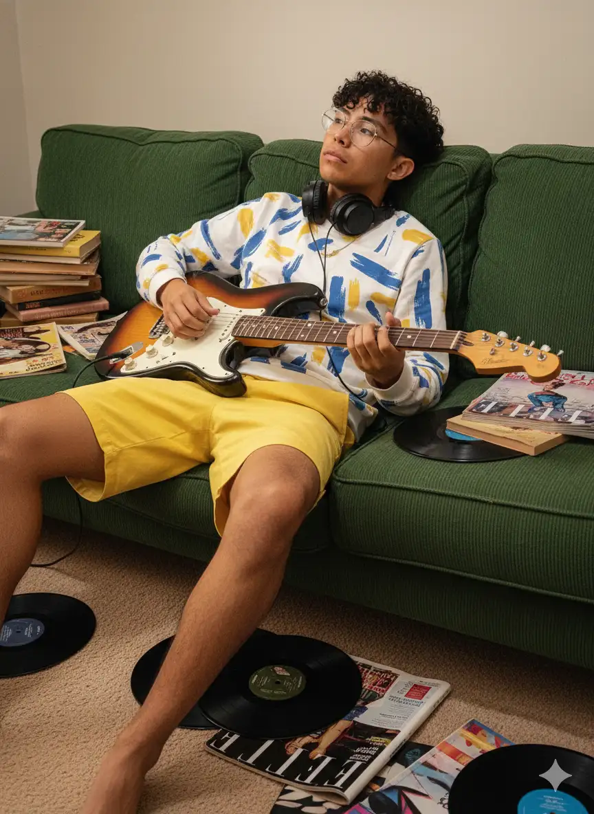 Using the uploaded photo as reference for facial features, pose, and identity, generate a hyperrealistic editorial-style portrait of the same person lounging on a green corduroy sofa, holding an electric guitar. The person wears a white long-sleeve shirt with blue and yellow accents, yellow shorts, and has black headphones resting around their neck. Their gaze is directed upward, evoking a sense of introspection or creative daydreaming.
Surrounding the sofa on the carpeted floor are several books, vinyl records, and magazines. One magazine features the title “ELLE.” The books are varied in size and color, some open and others stacked casually. The composition should feel relaxed and artistically rich, capturing the mood of personal expression and cultural immersion.
Lighting: soft and warm, enhancing the textures of the sofa, clothing, guitar, and printed materials. Shadows should be gentle but present, adding depth and emotional warmth to the scene.
Camera simulation: full-frame DSLR, 50mm lens, f/2.0 aperture, ISO 400. Moderate depth of field to keep the subject in sharp focus while softly blurring the foreground and background. Skin texture should be natural and detailed, with warm highlights and soft shadows.
Style: editorial portrait with artistic and lifestyle undertones. Inspired by youth culture, musical introspection, and domestic creativity. The image should evoke freedom, imagination, and emotional grounding.
Color grading: warm tones with a matte finish. Preserve skin realism while enhancing the contrast between the green sofa, yellow shorts, and printed materials. Avoid over-saturation.
Atmosphere: relaxed, creative, and emotionally rich. The subject should feel like a young artist immersed in a personal moment—evoking themes of inspiration, cultural identity, and quiet rebellion.