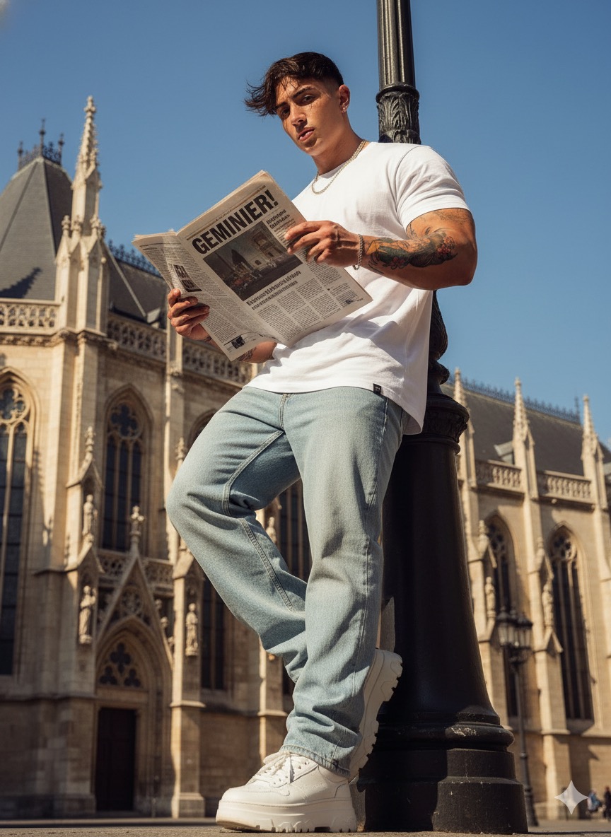 Street fashion editorial photo taken from a low-angle perspective, subject leaning casually against a tall lamppost. The subject is holding an open newspaper with the bold visible headline 'GEMINIER! Outfit: oversized white T-shirt tucked slightly into light blue loose jeans, paired with chunky white sneakers. Hair slightly tousled by the wind. Sunlight shines directly onto the subject, creating natural highlights and soft shadows. Background features detailed European gothic architecture under a clear sky. Color grading in warm cinematic tones, slightly high contrast, giving a stylish urban magazine aesthetic. Sharp focus on sneakers and jeans, with a shallow depth of field towards the background. Editorial streetwear vibe. Don’t change facial features