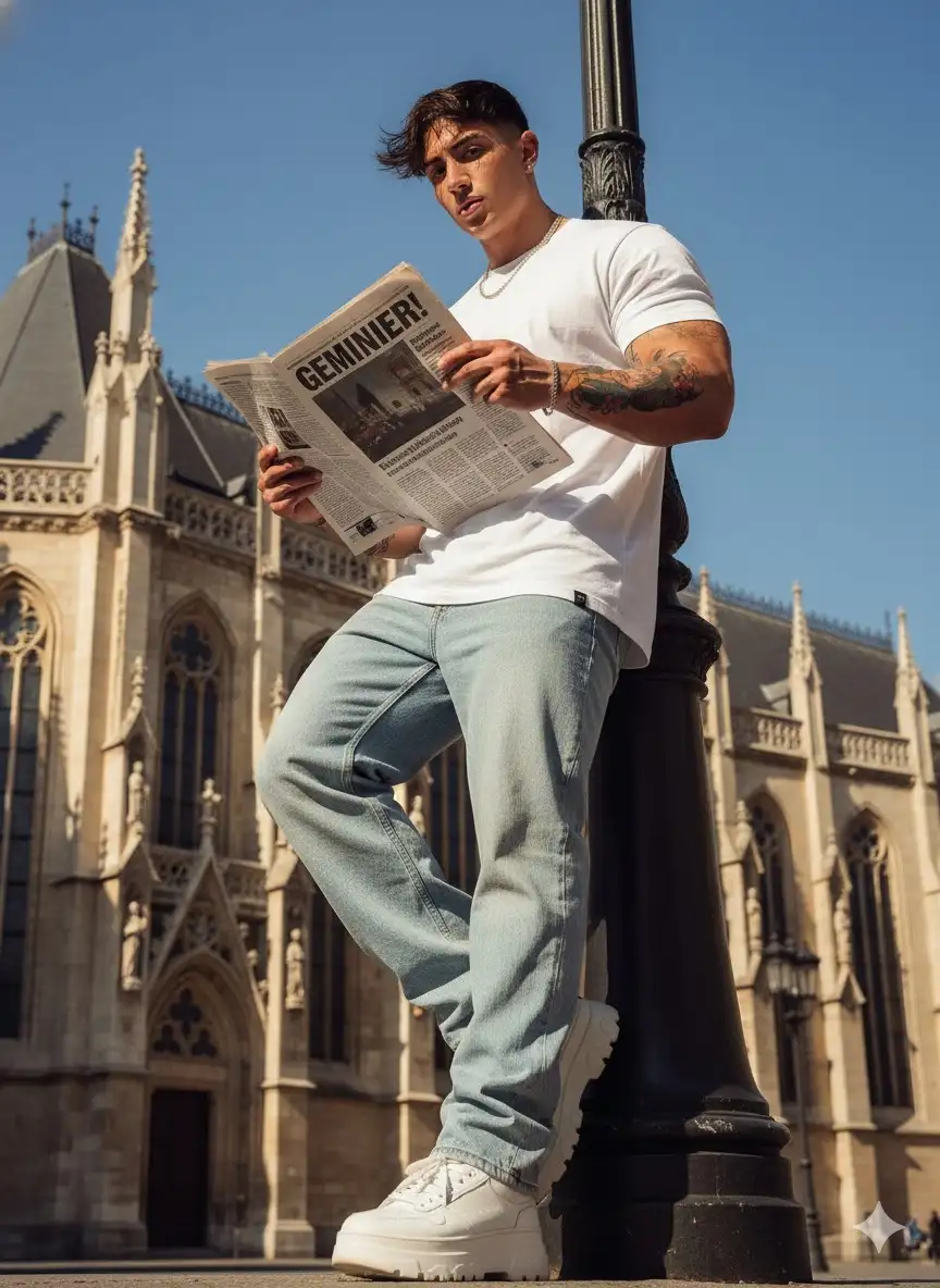 Street fashion editorial photo taken from a low-angle perspective, subject leaning casually against a tall lamppost. The subject is holding an open newspaper with the bold visible headline 'GEMINIER! Outfit: oversized white T-shirt tucked slightly into light blue loose jeans, paired with chunky white sneakers. Hair slightly tousled by the wind. Sunlight shines directly onto the subject, creating natural highlights and soft shadows. Background features detailed European gothic architecture under a clear sky. Color grading in warm cinematic tones, slightly high contrast, giving a stylish urban magazine aesthetic. Sharp focus on sneakers and jeans, with a shallow depth of field towards the background. Editorial streetwear vibe. Don’t change facial features