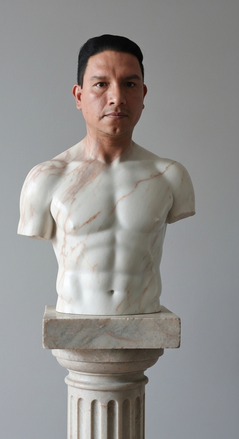 A photorealistic image of an ultra-detailed half-body sculpture of the subject on a marble pillar, crafted from glossy marble. The sculpture must feature a smooth, reflective marble surface, enhancing its shine and marble-colored craftsmanship throughout the body except for the face. The design is elegant and enhances the beauty and depth of the marble. The lighting in the image should highlight the contours and textures of the sculpture, creating a visually striking and captivating effect.