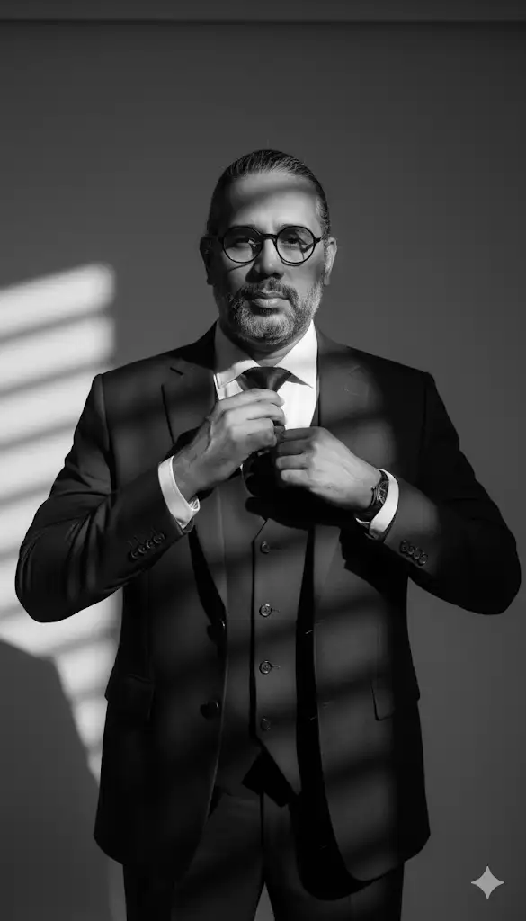 Cree un retrato cinematográfico en blanco y negro de mí ajustándome la corbata con un traje clásico a medida. Me encuentro de pie, seguro de mí mismo, en un estudio con una fuerte iluminación lateral, similar a la de Rembrandt, que crea un alto contraste.
Rayos horizontales de luz (como la luz que se filtra a través de las cortinas) crean sombras en mi rostro y en el traje. Mi expresión es tranquila y segura, irradiando elegancia y determinación.
Estilo fotográfico de alta costura, composición minimalista, simétrica y muy detallada. Ultrarrealista.
Relación de aspecto 9:16