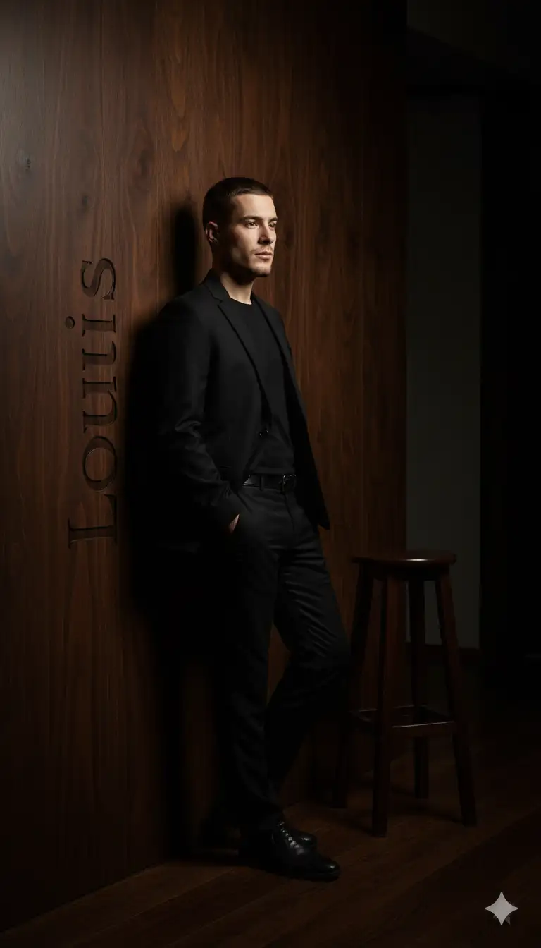 Use face above uploaded photo, A sharply dressed man in an all-black outfit leans casually against a dark wooden wall. The setting is moody and minimalistic with warm, cinematic lighting casting soft shadows. The name "Omar" is engraved vertically into the wood beside him in large serif letters. He stands in profile, one hand in pocket, conveying confidence and introspection. A tall stool and wooden flooring add to the elegant, editorial tone of the portrait. 8k quality.FHD