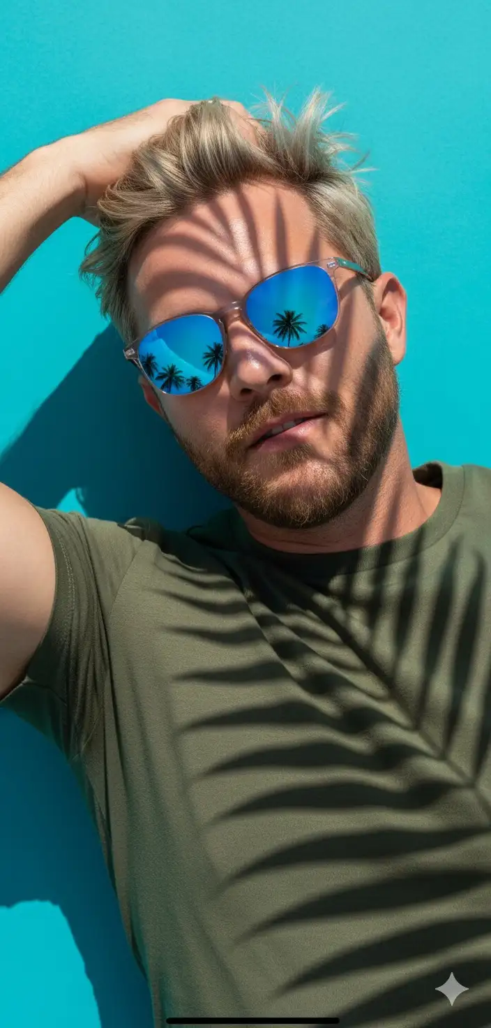 "Photorealistic portrait of a man lying on a turquoise surface under intense sunlight, with shadows of palm leaves projected over his face and body. He wears mirrored sunglasses with blue lenses, reflecting palm trees and sunny sky. The man has blonde hair, beard, slightly messy, and has a relaxed and confident expression, with one of his hands running through his hair. He wears a tight olive green T-shirt.

Sunlight creates strong contrasts and striking tropical shadows from the leaves, adding texture and depth to the scene. The background is smooth and vibrant in a turquoise tone, conveying a modern and stylized summer atmosphere. The style is cinematic, realistic and contemporary, with bright colors, direct natural lighting, and clear focus on the face and reflections of the glasses. Men's fashion editorial style, 8K quality, studio realism with tropical and sophisticated atmosphere. Don't change facial features