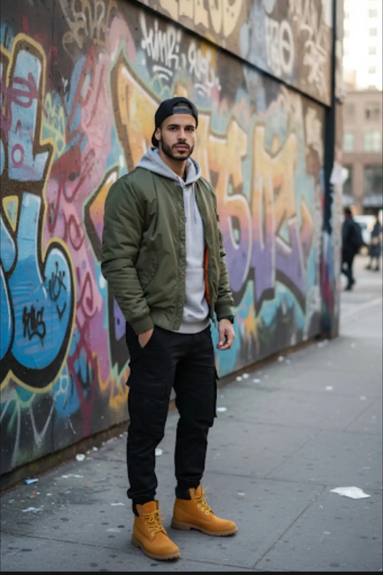 Estilo urbano Manten el rostro sin cambiarlo o modificarlo
Cabello: Corto con gorra hacia atrás.

Ropa: Hoodie gris con bomber verde oliva, pantalón cargo negro, botas Timberland mostaza.

Estilo: Streetwear clásico urbano.

Lugar: Calle con grafitis, ambiente de ciudad.