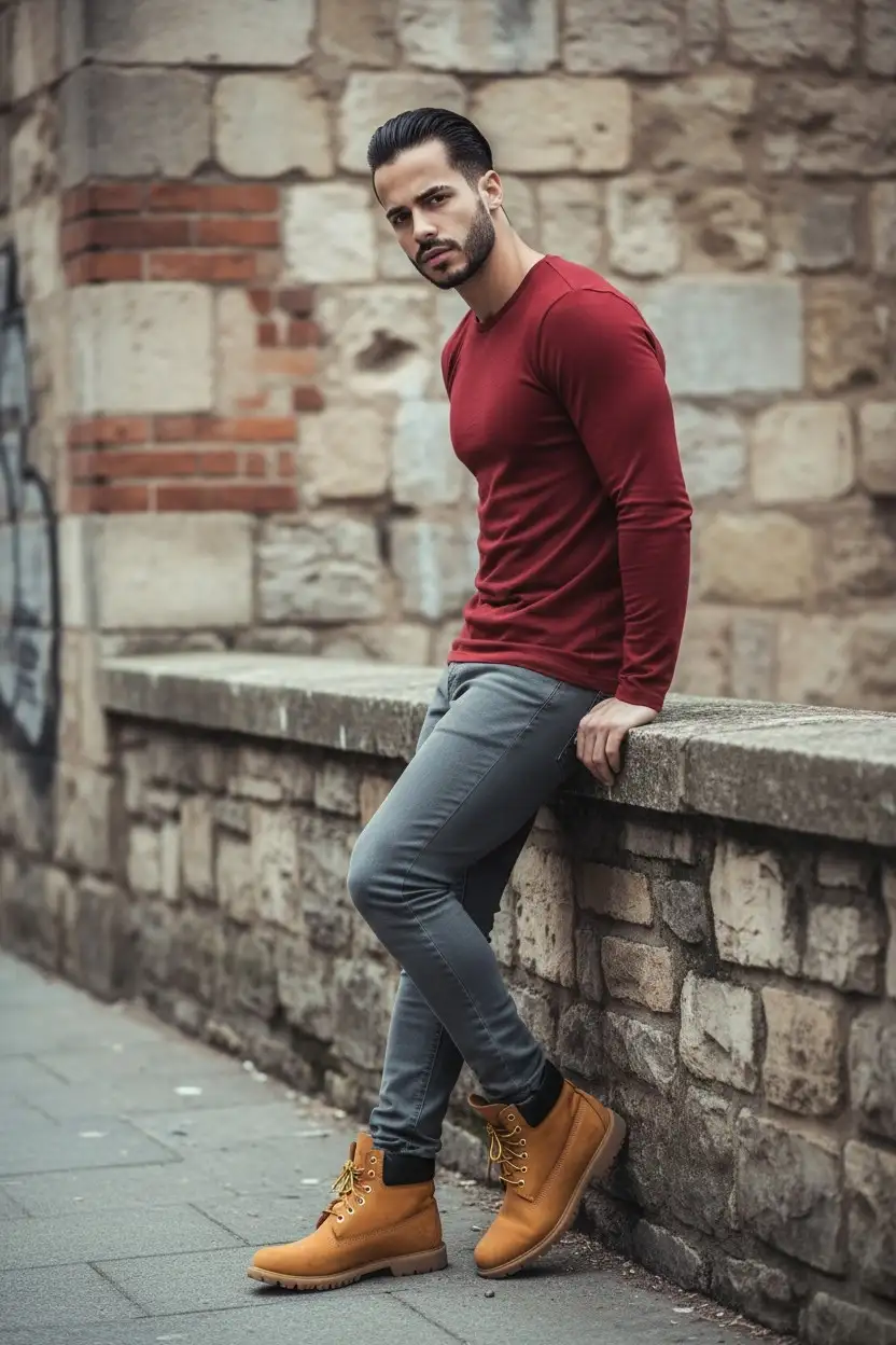 Crea un retrato cinematográfico de cuerpo completo de mí en un entorno urbano melancólico con texturas de piedra y ladrillo en el fondo. Debo estar apoyado con confianza en un muro de piedra bajo, girándome ligeramente hacia la cámara con una mirada intensa y segura de mí mismo.

Atuendo: una camiseta 

pegada al cuerpo roja larga 
Cabello para arriba 

 pantalones gris
 pegado al cuerpo  y zapatos 

Tinberlank 

  La iluminación debe ser natural pero difusa, proyectando sombras suaves que mejoren el estado de ánimo dramático manteniendo los detalles claros. La estética general debe sentirse audaz, elegante y moderna. Mantén mi rostro 100% idéntico al de la imagen de referencia.