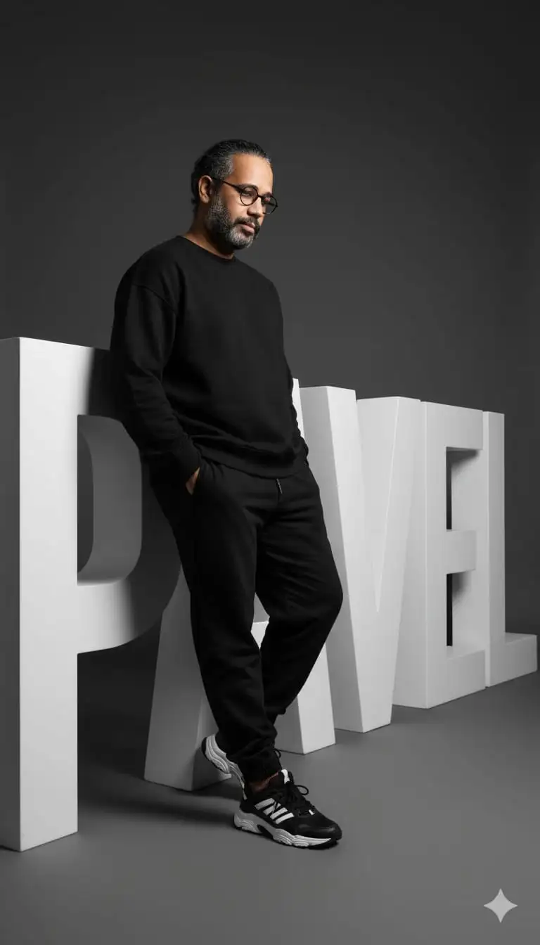 Imagen de mi, Estoy de pie en un estudio moderno, apoyado despreocupadamente en una gran escultura blanca con la forma de la palabra PAVEL. Mi cuerpo está fotografiado de lado, con el peso reposando principalmente sobre una pierna, en una postura relajada pero segura. Tengo ambas manos en los bolsillos del pantalón, lo que refuerza mi postura natural. Mi cabeza está ligeramente inclinada hacia abajo mientras miro con calma más allá del encuadre, PELO NO MUY LARGO manteniendo una expresión serena e introspectiva. Llevo una sudadera negra de cuello redondo y corte holgado, confeccionada en suave algodón, sin logotipos ni estampados. La combino con unos pantalones negros tipo jogger, holgados, con bajos elásticos en los tobillos. En los pies, calzo unas zapatillas gruesas blancas y negras con cordones visibles y una suela llamativa, que le dan un toque deportivo al conjunto minimalista. El estilo general es monocromático, minimalista y urbano contemporáneo. La imagen está tomada desde un ángulo bajo, lo que enfatiza la altura y la presencia, a la vez que hace que las esculturales letras de PAVEL parezcan monumentales en el fondo.  El encuadre de la cámara se asemeja a un objetivo de retrato de unos 85 mm de distancia focal, lo que produce una compresión cinematográfica y proporciones naturales. La iluminación, controlada por un estudio, resalta uniformemente mi figura a la vez que proyecta sombras suaves y direccionales sobre las letras esculturales que hay detrás de mí. El fondo es un degradado gris oscuro, limpio y minimalista, que contrasta con la atrevida tipografía blanca. La atmósfera general es cinematográfica, editorial y moderna, combinando moda urbana informal con una atrevida tipografía arquitectónica en una dramática perspectiva desde un ángulo bajo.