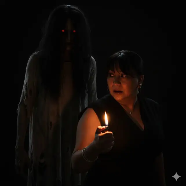 Usando la imagen subiendo, con una precisión del 100% en la cara. Escena cinematográfica de terror oscuro ultrarrealista, con resolución 8K. Un hombre se encuentra en completa oscuridad, sosteniendo un encendedor en la mano; el cálido resplandor ilumina su rostro y cuerpo. Detrás de él, se cierra un aterrador fantasmal: alto, sombrío, con brillantes ojos rojos y cabello despeinado, vestido con ropa blanca rasgada. El fantasma lo mira fijamente con una mirada maligna. El hombre mira por encima del hombro con miedo, girando la cabeza para ver al fantasma. Iluminación dramática: luz de velas.