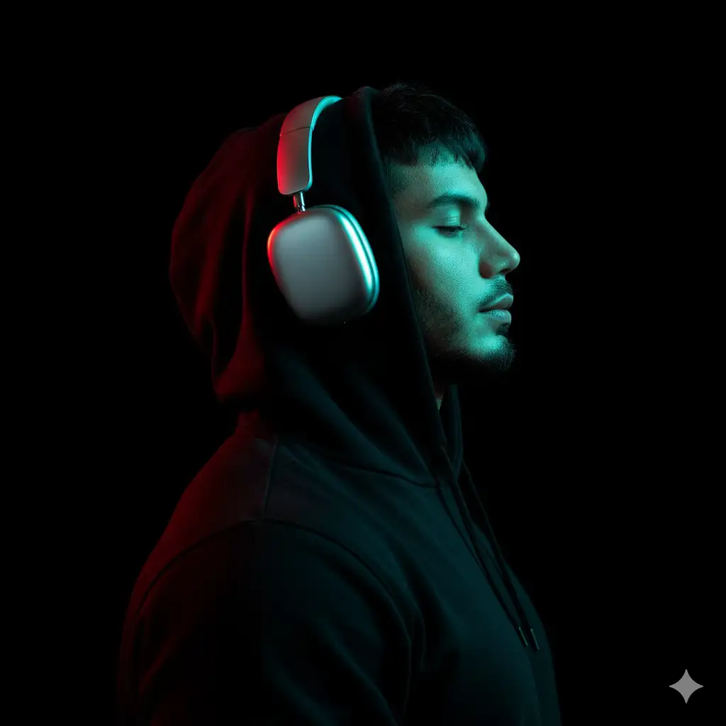 Side profile portrait of the person from the input photo, facing right, eyes closed, calm expression, on a pure black background. Plain hoodie with the hood up and Apple AirPods silver over-ear headphones.

Lighting: Dual Neon - Cyan/Turquoise key light from the front right and vivid red rim light from the opposite side; high contrast, pronounced rim glow, glossy reflections on the headphones, soft cinematic bloom. Photo realistic, subtle beauty retouch, shallow depth of field (F/2), minimal, no other elements.