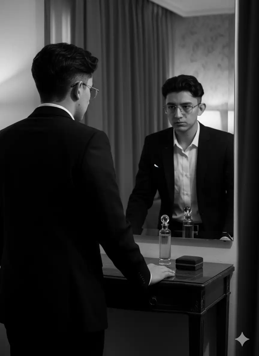 Make a dramatic black and white photo showing of a young man. The man was standing in front of the mirror, wearing a dark formal suit and a white shirt.

The man faced the mirror, while the camera captured him from behind, highlighting his back and the reflection of his serious face in the mirror. The tubu pose is slightly hunched over and the man's hands touch the table, giving an elegant and confident impression

Lighting focuses on the face and the front of the body through mirror reflections, with intense shadows surrounding the right and left sides, creating a mysterious and artistic atmosphere.

The background of the room looks like a hotel room or an exclusive dressing room, with a small table and a perfume bottle at the bottom of the picture. Classic visual style, high contrast, full of dramatic nuances and cinematic aesthetics.

Ratio 9:16