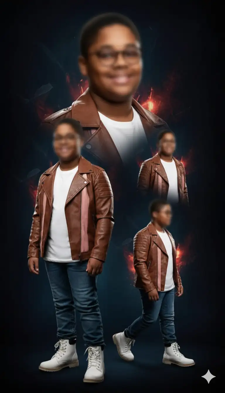 Póster fotográfico ultrarrealista en 4K con estilo collage. Un ADOLECENTE de 14 años viste una moderna CHAQUETA ABIERTA de CUERO MARRÓN y ROSA, CAMISETA BLANCA y VAQUEROS. Unas BOTAS BLANCA le dan un toque de sonrisa. Múltiples tomas creativas se combinan: un primer plano, una pose de cuerpo entero y un perfil, todo ello sobre un fondo oscuro y evocador con formas abstractas y sombras brillantes. Elegante ambiente cinematográfico, iluminación dramática y alto contraste.