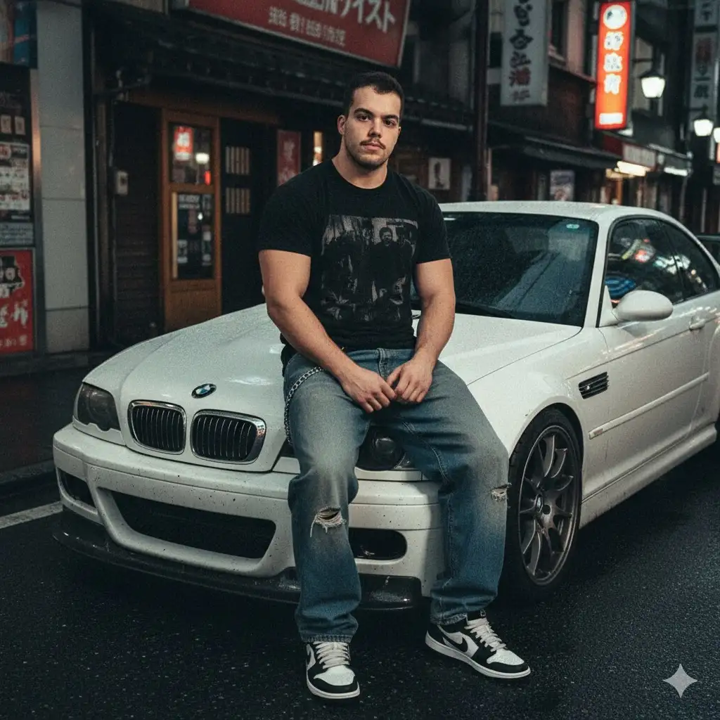 Take a grunge-style analog muscular boy photos around 2005.take the  picture in front of bmw m3gtr car together. where tokyo japan, was sitting in the front engine car with a post model style turn toward camera, wearing black t-shirts outfit baggy jeans and nike air Jordan low shoes, using flash.Ratio 3:4. Don’t change facial features