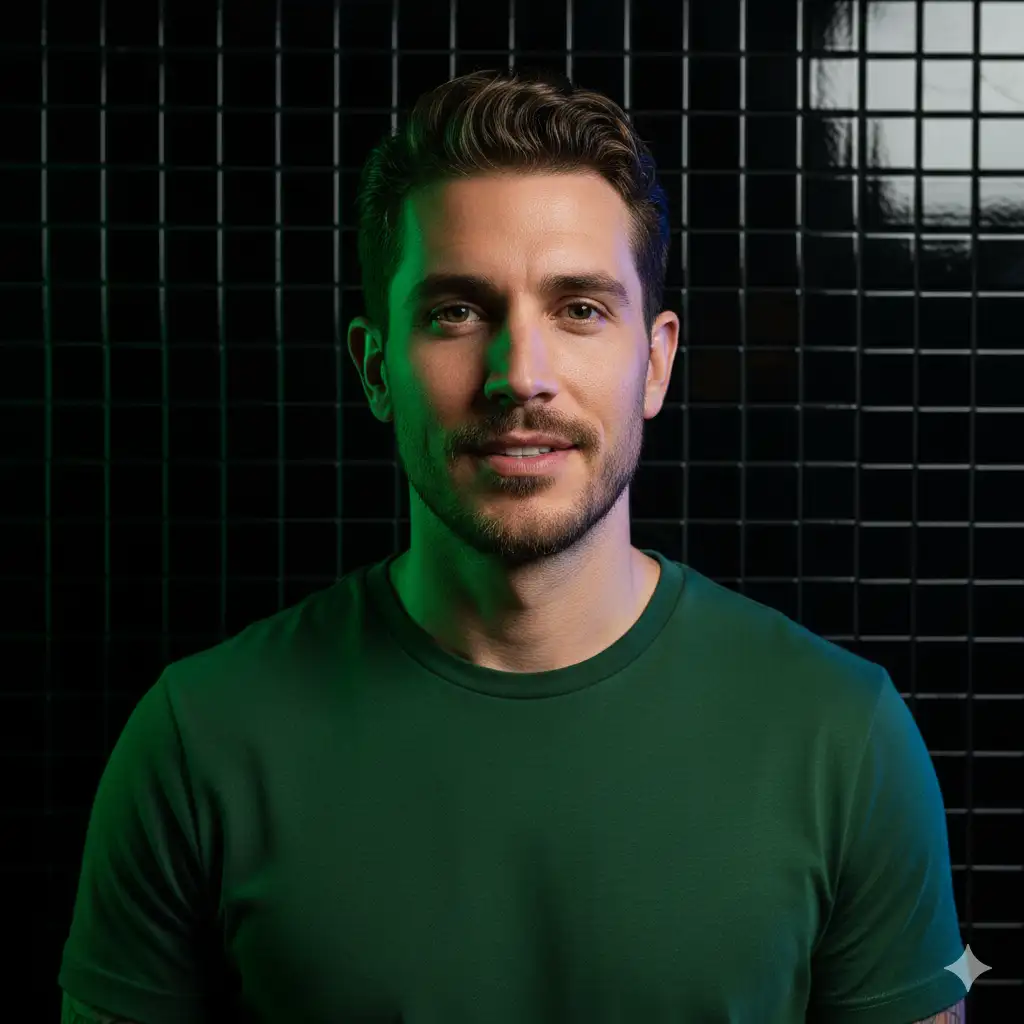 Create a hyper-realistic portrait of a young man (use the uploaded picture as reference for the face) standing against a dark tiled wall. He has short wavy brown hair, a well-groomed beard, and sharp facial features. He is wearing a plain dark green t-shirt. The lighting is cinematic, with a mix of green and blue neon tones illuminating his face and shoulders, creating dramatic shadows and contrast. The mood is dark, fashion, mysterious and modern, with a low-light, moody atmosphere and a slightly reflective black-tiled background. Ultra-detailed, sharp focus, realistic skin texture, studio-quality lighting, photorealistic style.
Aspect ratio: 9:16