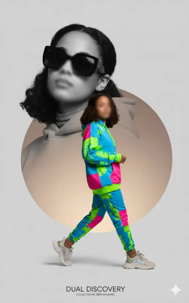 Cree un póster moderno para una campaña de moda que me presente con un concepto de doble personalidad. La figura principal, a todo color, camina hacia la derecha, mirando a la cámara, con una SUDADERA CON CAPUCHA, PANTALONES Y ZAPATILLA DE DEPORTE  vibrantes y elegantes, ajustándose la ropa con naturalidad y expresión segura. Detrás de mí, un gran retrato en blanco y negro, ligeramente inclinado hacia la izquierda, CON GAFAS DE SOL OSCURAS, tranquilo, misterioso y seguro. Fondo gris claro con un cálido degradado circular (marrón/beige suave) detrás de la figura principal.