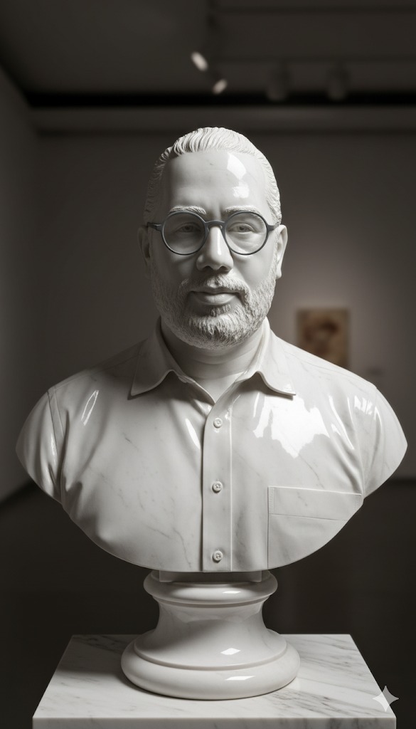 Imagen fotorrealista de una escultura de medio cuerpo ultradetallada del sujeto sobre un pilar de mármol, elaborada con mármol brillante. La escultura debe presentar una superficie de mármol lisa y reflectante, realzando su brillo y artesanía. El diseño es elegante y realza la belleza y la profundidad del mármol. La iluminación de la imagen debe resaltar los contornos y las texturas de la escultura, creando un efecto visualmente impactante y cautivador.