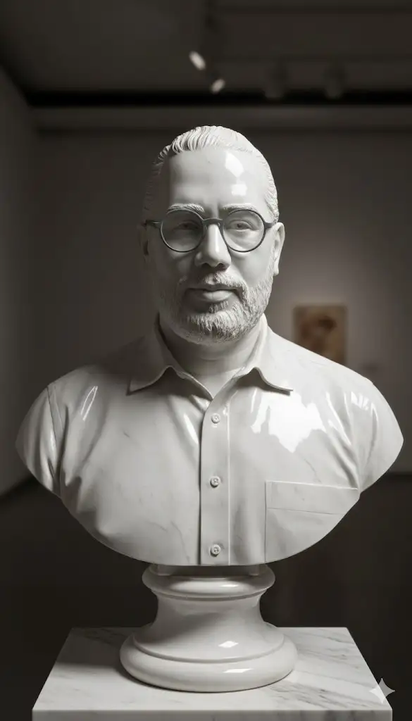 Imagen fotorrealista de una escultura de medio cuerpo ultradetallada del sujeto sobre un pilar de mármol, elaborada con mármol brillante. La escultura debe presentar una superficie de mármol lisa y reflectante, realzando su brillo y artesanía. El diseño es elegante y realza la belleza y la profundidad del mármol. La iluminación de la imagen debe resaltar los contornos y las texturas de la escultura, creando un efecto visualmente impactante y cautivador.