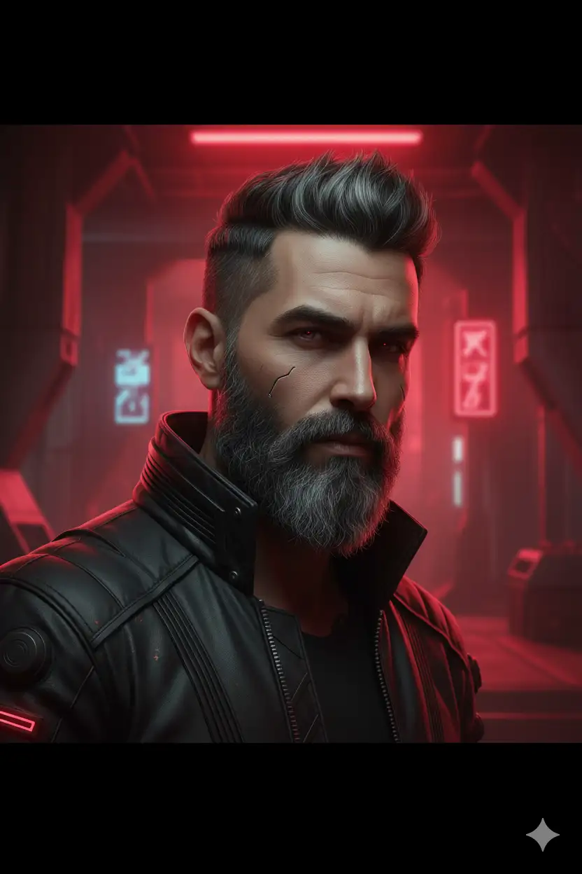 Cabello: Corto y peinado hacia arriba, con canas.

Barba: Poblada con gris marcado.

Ropa: Chaqueta negra futurista con gafas rojas de estilo cyberpunk.

Estilo: Cyberpunk / Sci-fi.

Lugar: Interior futurista estilo