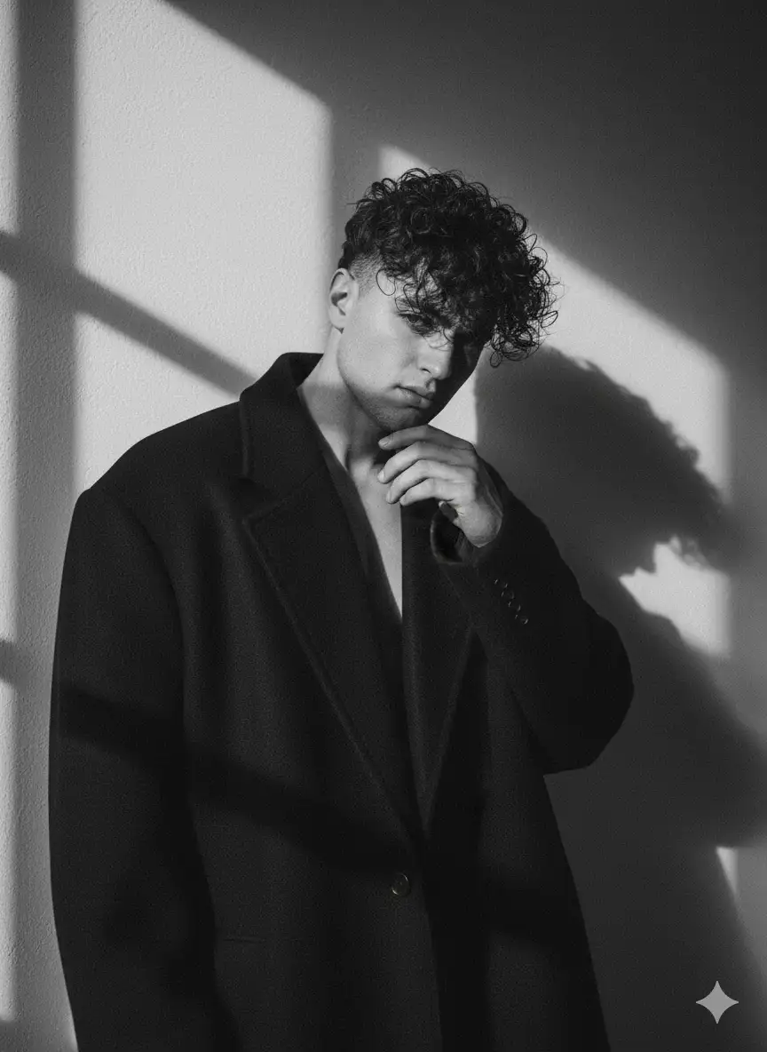 A black-and-white aesthetic portrait of a stylish person as in the image attached (use the image with accurate face 100% standards on the wall with dramatic lighting. He is wearing an oversized dark coat, with messy, voluminous hair partially covering his face. His pose is emotional and introspective and confident.Shadow from a window fall across the wall behind him, creating a moody and artistic atmosphere. The overall vibes is mysterious, emotional.