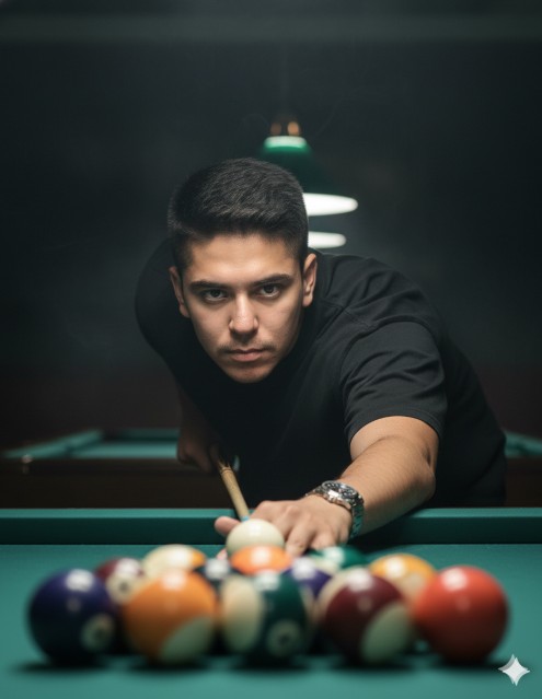 Grita un ultrarrealista 8K
Retrato cinematográfico de un hombre jogando sinuca, capturado de una perspectiva de ángulo bajo. Ele está inclinado para a frente com foco intenso, alinhando uma tacada com o taco apontado directamente para a bola blanca. Estás viendo una camiseta preta grande y un reloj de pulso clásico en la mano, segurando o taco.
As bolas de bilhar estão dispostas à sua frente, com uma profundidade de campo rasa enfatizando su olhar penetrante.