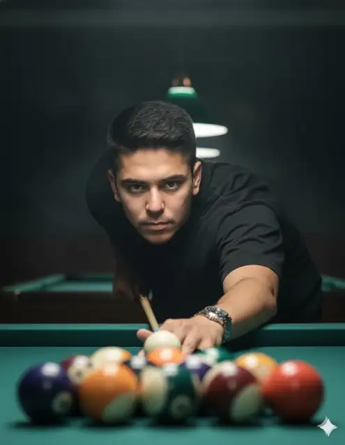 Grita un ultrarrealista 8K
Retrato cinematográfico de un hombre jogando sinuca, capturado de una perspectiva de ángulo bajo. Ele está inclinado para a frente com foco intenso, alinhando uma tacada com o taco apontado directamente para a bola blanca. Estás viendo una camiseta preta grande y un reloj de pulso clásico en la mano, segurando o taco.
As bolas de bilhar estão dispostas à sua frente, com uma profundidade de campo rasa enfatizando su olhar penetrante.