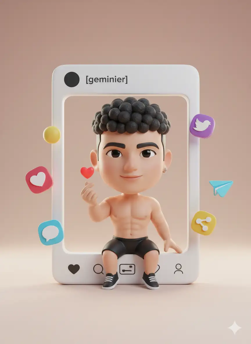 Generate a 3D chibi-style character from the attached photo, keeping the subject’s facial features and outfit details accurate. The character is making a finger heart with the left hand, a small red heart floating above the fingers, and is playfully perched on the edge of a giant Instagram frame, legs dangling outside. The top of the frame shows [geminier], while floating social media icons like like, comment, and share surround the scene.